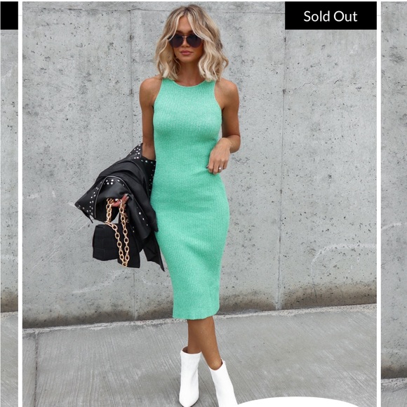 EXCEEDING EXPECTATIONS RIBBED KNIT MIDI DRESS - GREEN - Picture 1 of 6